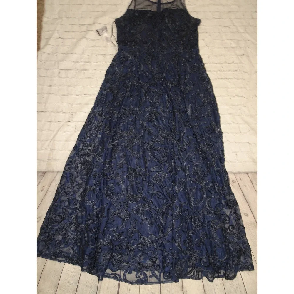 Alex Evenings Women's  Navy Illusion Crew Neck Long Embroidered Dress, Sz 16 - Picture 9 of 10